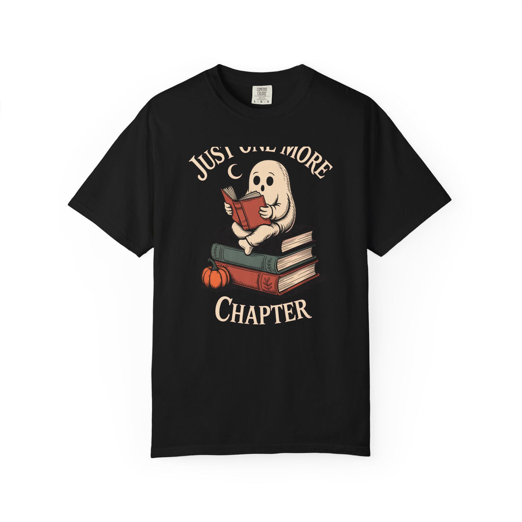 Just One More Chapter Ghost Shirt, Halloween Reading Tee, Bookworm Ghost T-Shirt, Cozy Spooky Season Gift for Book Lovers