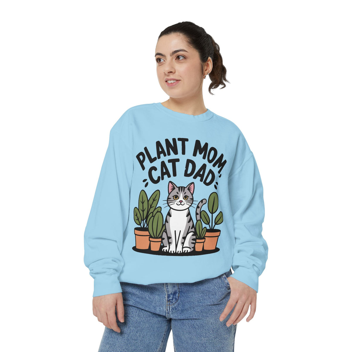 Plant Mom Cat Dad Sweatshirt, Funny Cat Lover Crewneck, Cute Plant Lady Gift, Embroidered Patch Style Sweatshirt for Cat Owners