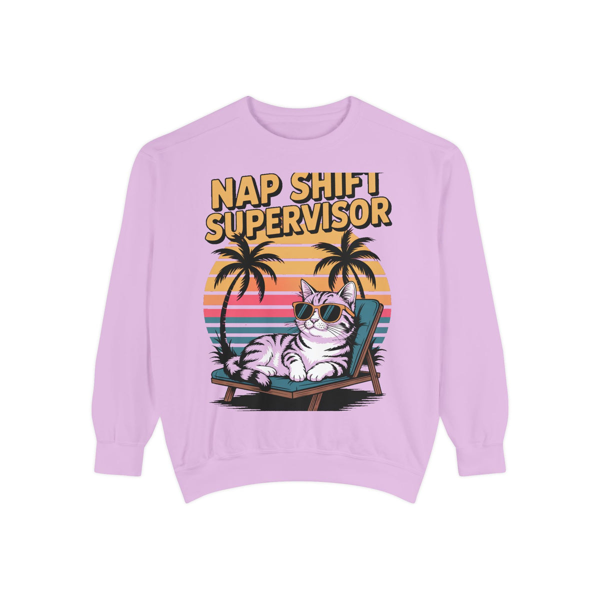 Retro Cat Sunset Sweatshirt, Funny Nap Shift Supervisor Crewneck, Vintage 90s Cat Lover Gift, Embroidered Cool Cat Sweatshirt