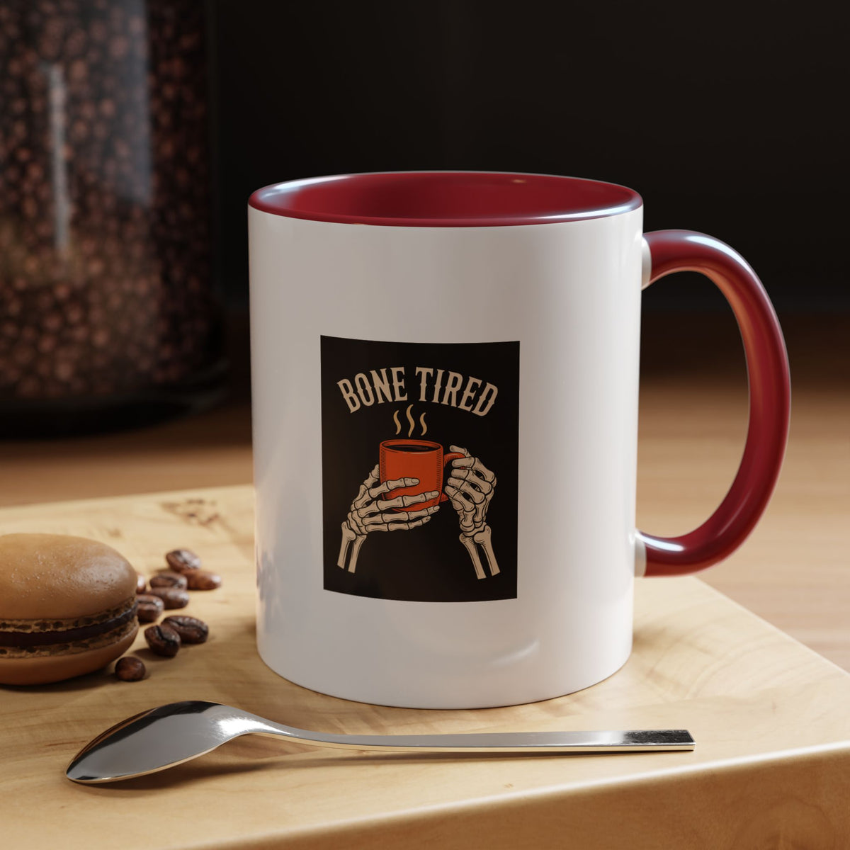 Bone Tired Coffee Mug, Skeleton Hands Halloween Mug, Vintage Halloween Coffee Cup, Funny Skeleton Mug Gift, Spooky Season Coffee Mug