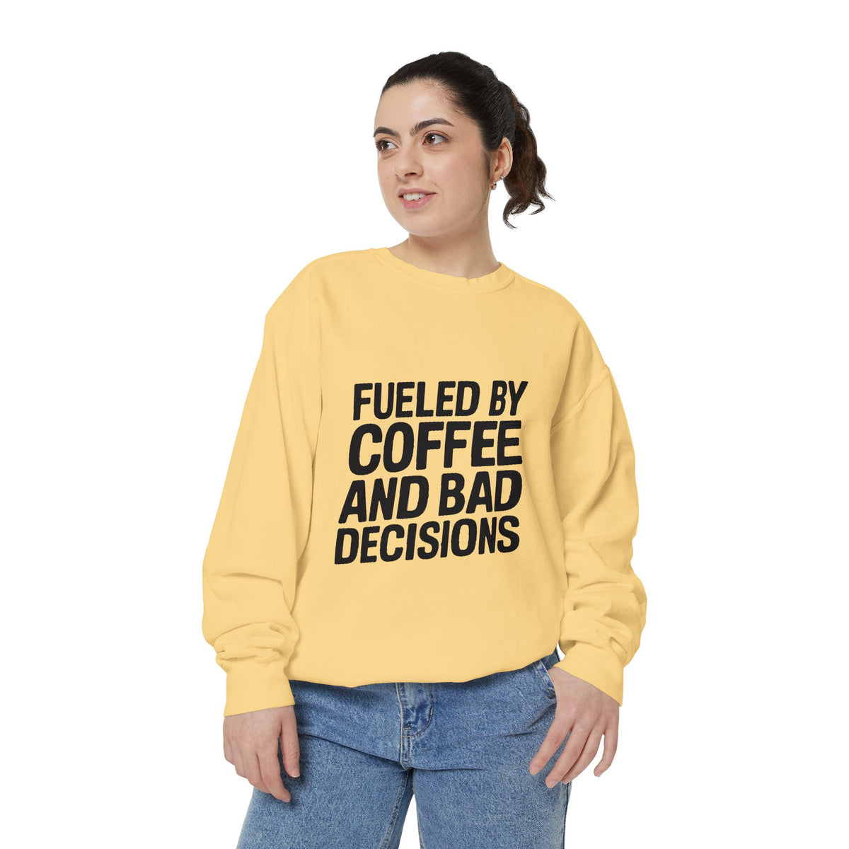 Fueled By Coffee And Bad Decisions Sweatshirt, Funny Embroidered Crewneck, Sarcastic Coffee Lover Gift, Trendy Minimalist Pullover
