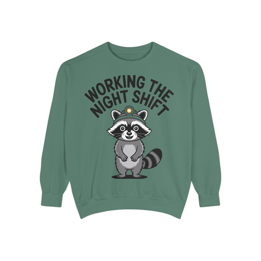 Raccoon Night Shift Sweatshirt, Funny Night Owl Crewneck, Cute Raccoon Headlamp Graphic, Gift for Nurse or Night Worker