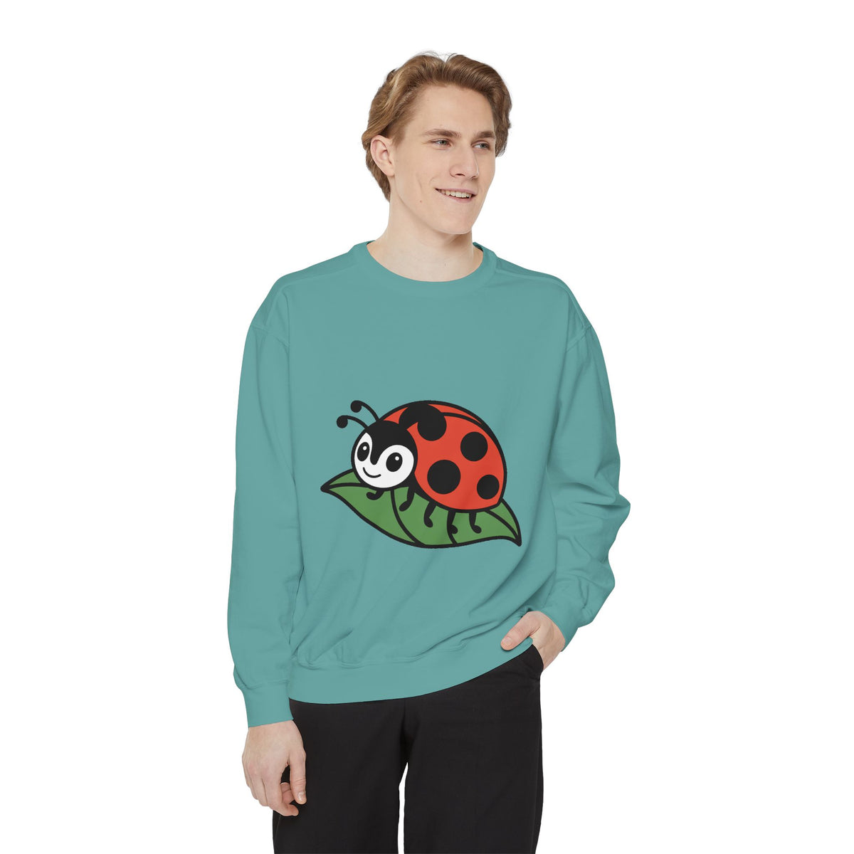 Ladybug Sweatshirt, Cute Embroidered Ladybug On Leaf Crewneck, Garden Lover Gift, Nature Sweatshirt