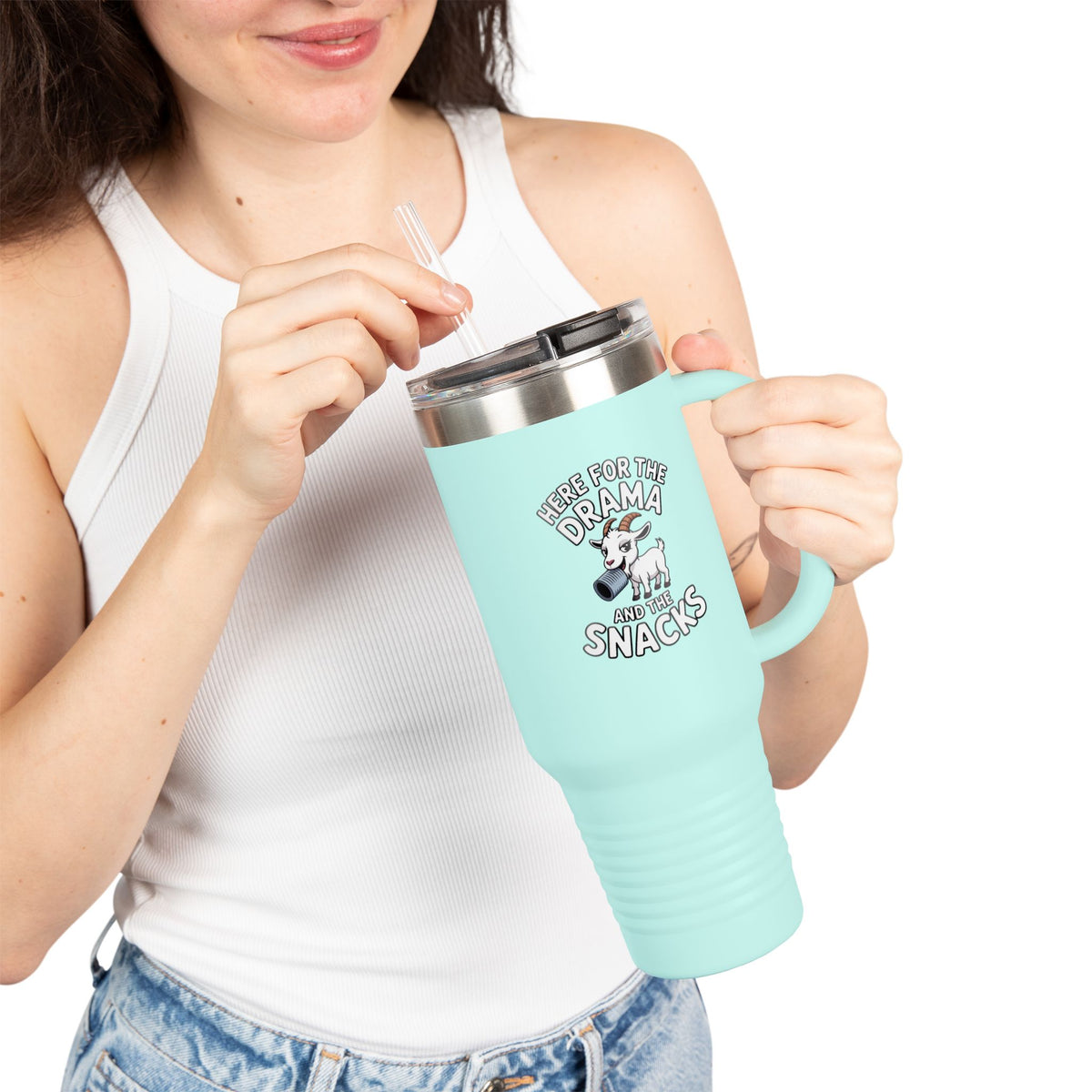 Funny Goat Travel Mug, Here For The Drama And The Snacks Tumbler, Cute Goat 40oz Cup, Sarcastic Goat Lover Gift, Farm Animal Mug