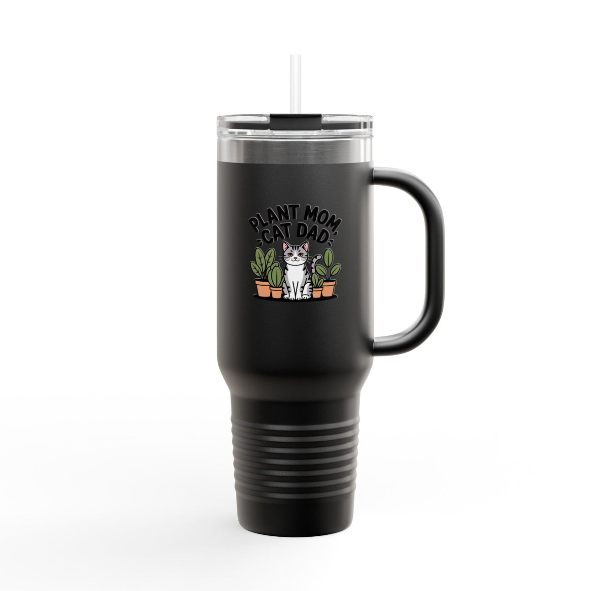Plant Mom Cat Dad Travel Mug 40oz, Funny Cat Lover Tumbler, Plant Mom Gift, Cute Cat with Plants Insulated Cup with Handle and Straw