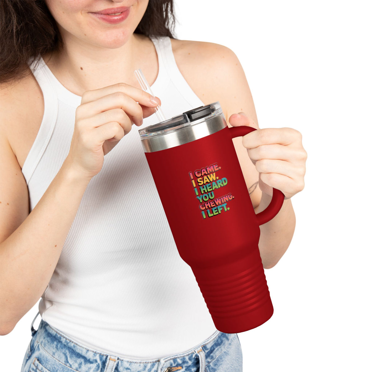 I Came I Saw I Heard You Chewing I Left Tumbler, Funny Misophonia Travel Mug, Sarcastic Quote 40oz Tumbler with Handle, Introvert Gift