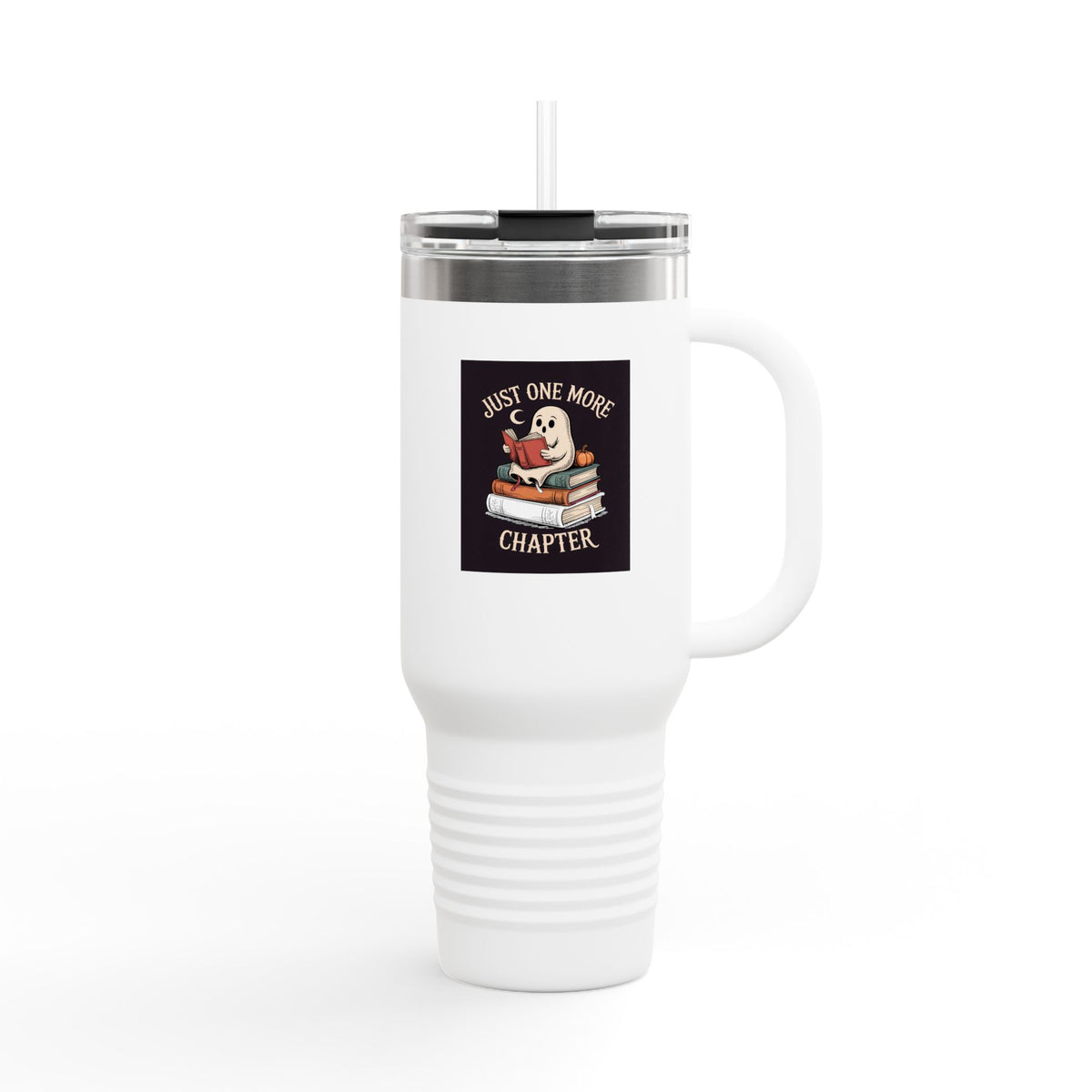Just One More Chapter Ghost Tumbler, Halloween Book Lover Travel Mug, Cozy Reading Ghost 40oz Cup, Spooky Season Bookworm Gift