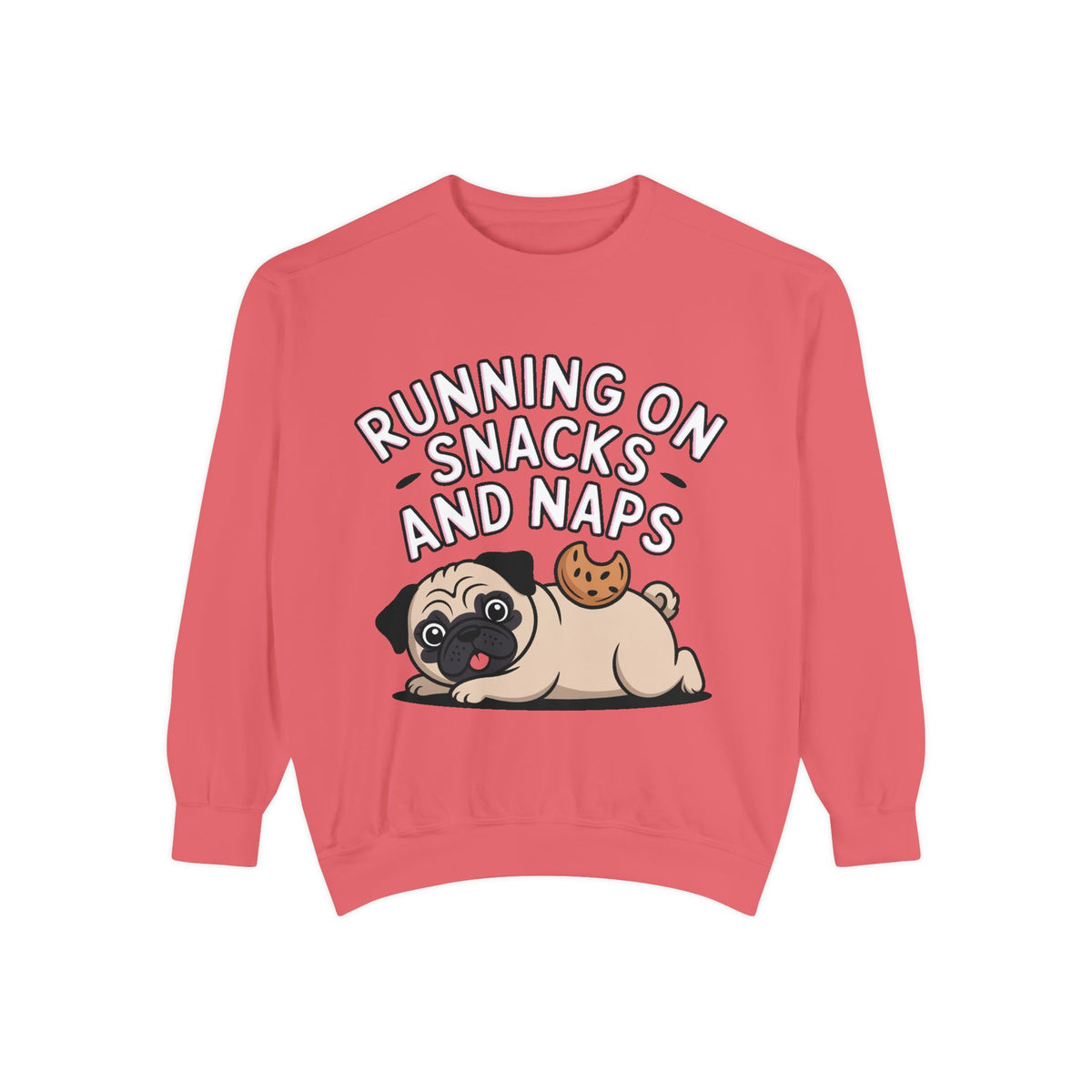 Pug Sweatshirt, Funny Running On Snacks And Naps Crewneck, Cute Pug Lover Gift, Embroidered Patch Style Dog Sweater
