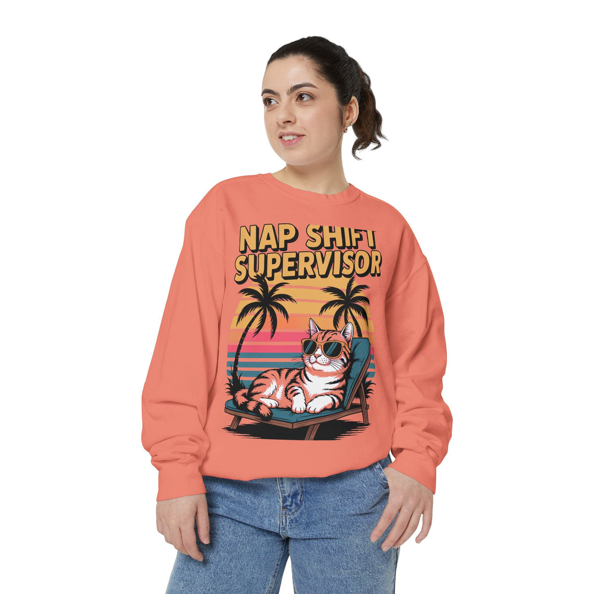 Retro Cat Sunset Sweatshirt, Funny Nap Shift Supervisor Crewneck, Vintage 90s Cat Lover Gift, Embroidered Cool Cat Sweatshirt