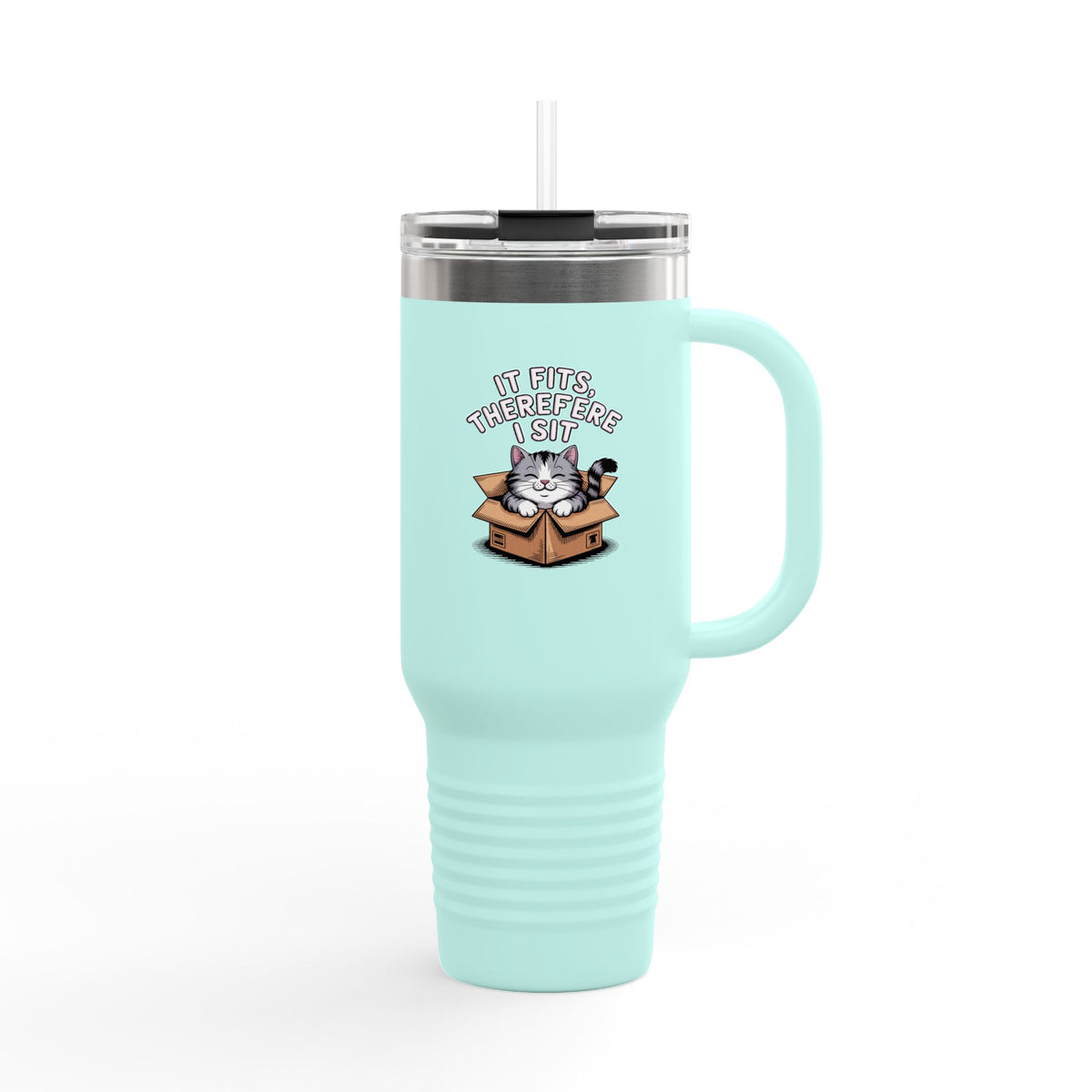 It Fits Therefore I Sit Cat Travel Mug, Funny Cat Box Tumbler, 40oz Insulated Cup with Handle and Straw, Cat Lover Gift
