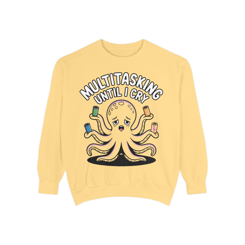 Multitasking Octopus Sweatshirt, Funny Stressed Octopus Crewneck, Embroidery-Patch Style Sweatshirt, Busy Mom Gift, Work Humor Pullover