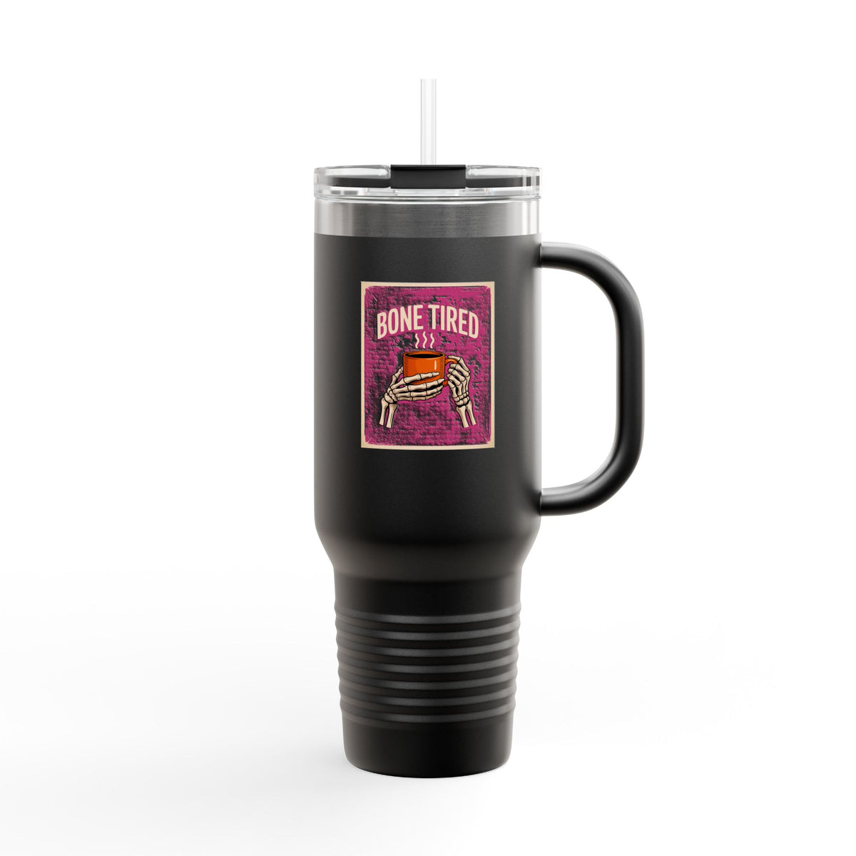 Bone Tired Halloween Travel Mug, Skeleton Hands Coffee Tumbler, Funny Halloween Gift, 40oz Insulated Spooky Season Cup
