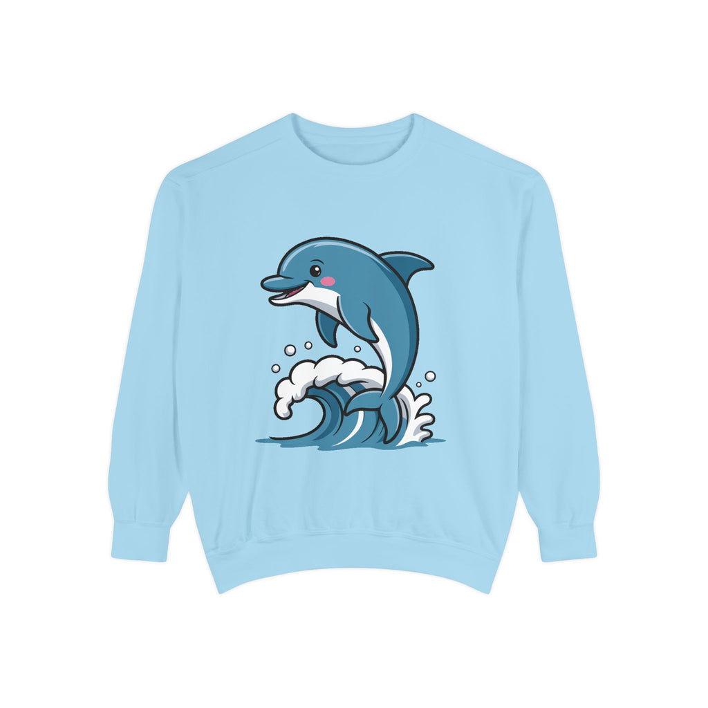 Cute Dolphin Sweatshirt, Embroidered Wave Crewneck, Ocean Lover Gift, Garment Dyed Beach Sweatshirt for Women Men