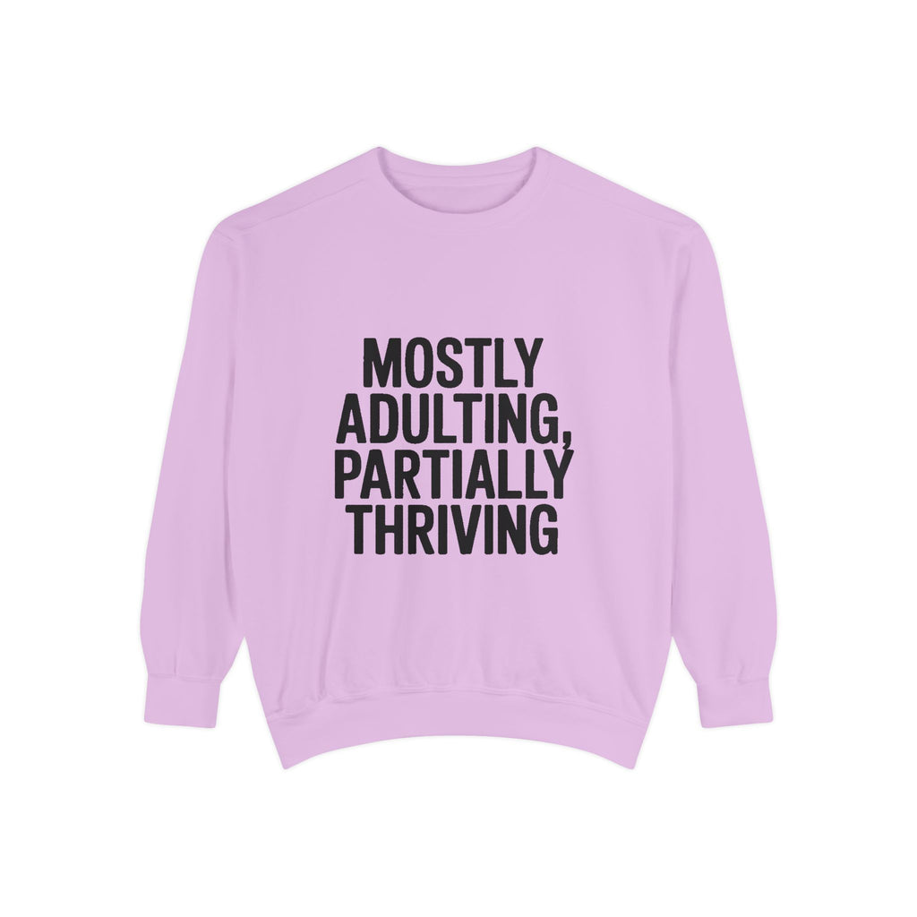 Mostly Adulting Partially Thriving Sweatshirt, Funny Embroidered Crewneck, Sarcastic Adult Life Sweatshirt, Trendy Minimalist Gift