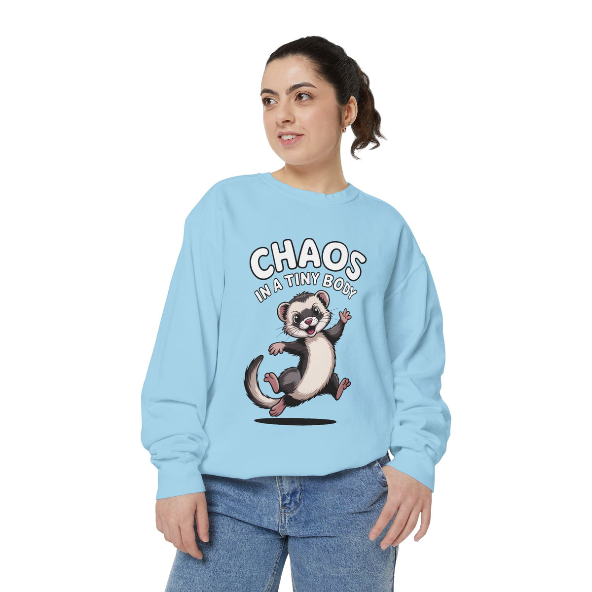 Funny Ferret Sweatshirt, Chaos In A Tiny Body Crewneck, Cute Ferret Lover Gift, Embroidered Style Ferret Sweatshirt For Pet Owners