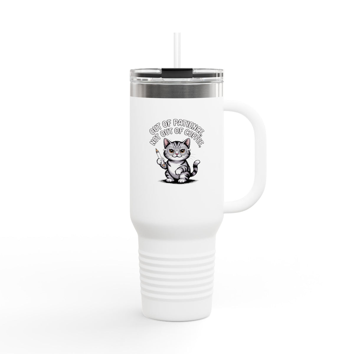 Teacher Cat Travel Mug, Funny Cat Teacher Tumbler, Out of Patience Not Out of Coffee, Teacher Appreciation Gift, Cat Lover Mug