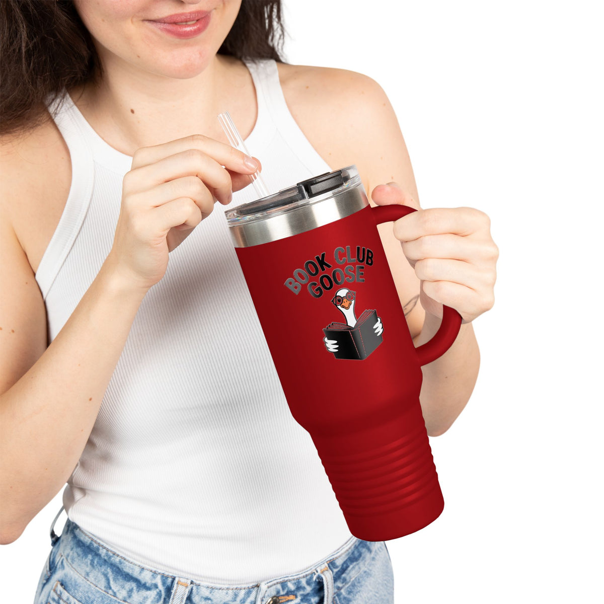 Book Club Goose Travel Mug 40oz, Funny Reading Goose Tumbler, Bookworm Gift, Cute Bird Lover Insulated Cup With Handle And Straw