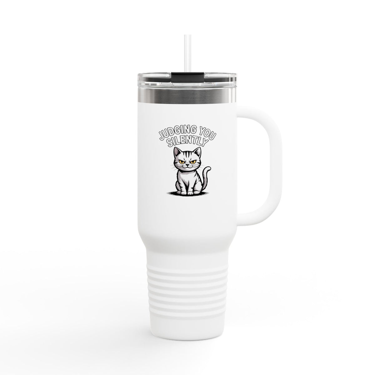 Judging You Silently Cat Mug, Funny Cat Travel Tumbler, 40oz Insulated Cup With Handle, Sarcastic Cat Lover Gift, Snarky Coffee Cup