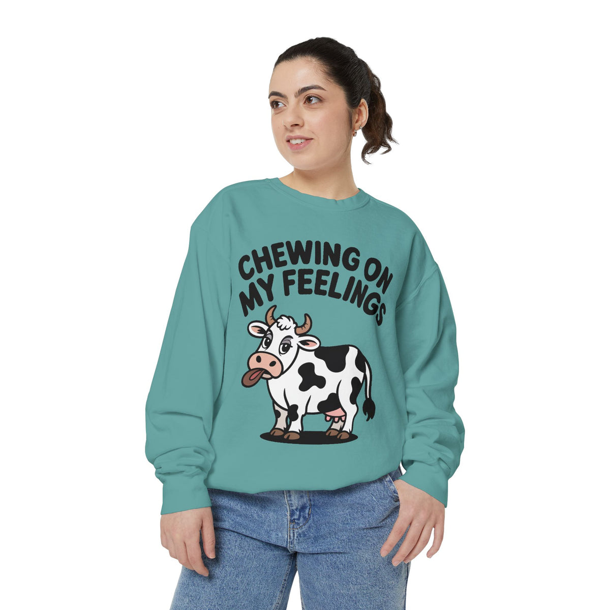 Chewing On My Feelings Sweatshirt, Funny Cow Crewneck, Cute Cow Lover Gift, Embroidered Style Cow Sweatshirt, Funny Farm Animal Shirt
