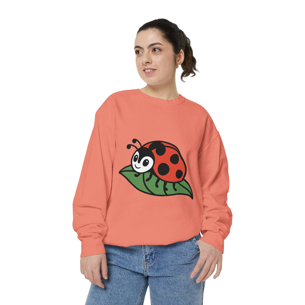 Ladybug Sweatshirt, Cute Embroidered Ladybug On Leaf Crewneck, Garden Lover Gift, Nature Sweatshirt