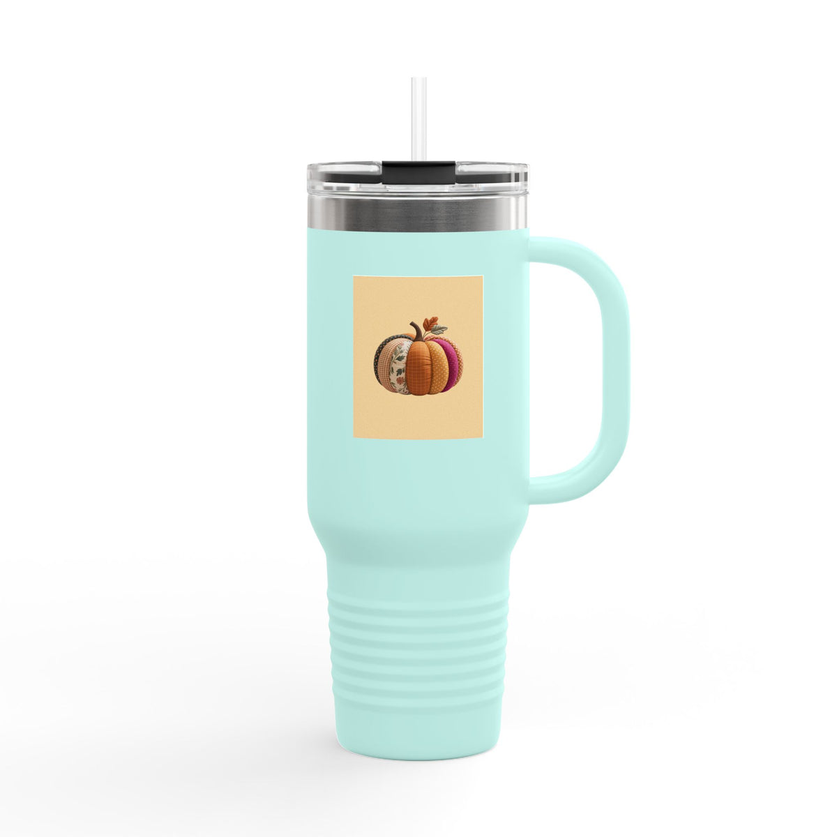 Patchwork Pumpkin Travel Mug, Halloween 40oz Tumbler with Handle, Fall Quilted Pumpkin Insulated Cup, Autumn Gift for Her