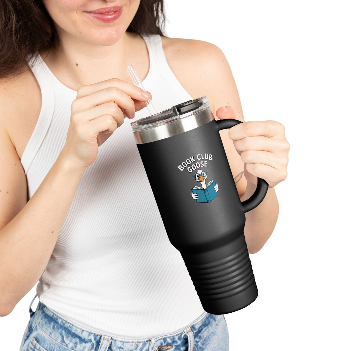 Book Club Goose Travel Mug, Funny Reading Goose 40oz Tumbler, Bookworm Gift, Cute Bird Lover Insulated Cup with Handle and Straw