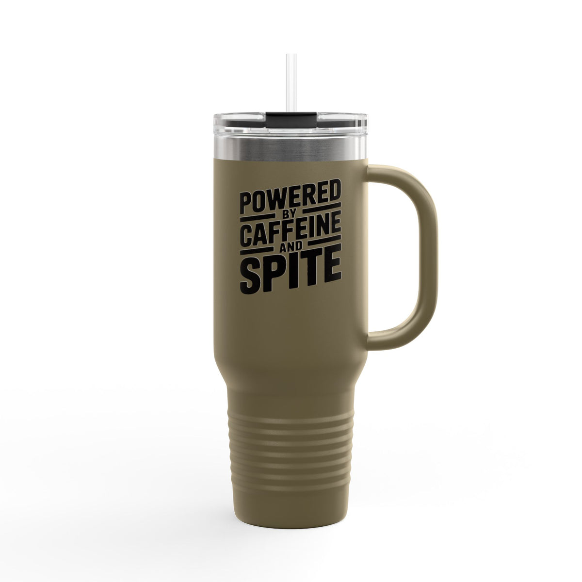 Powered By Caffeine And Spite Tumbler, Funny Sarcastic 40oz Travel Mug, Snarky Coffee Cup Gift, Bold Typography Quote Tumbler