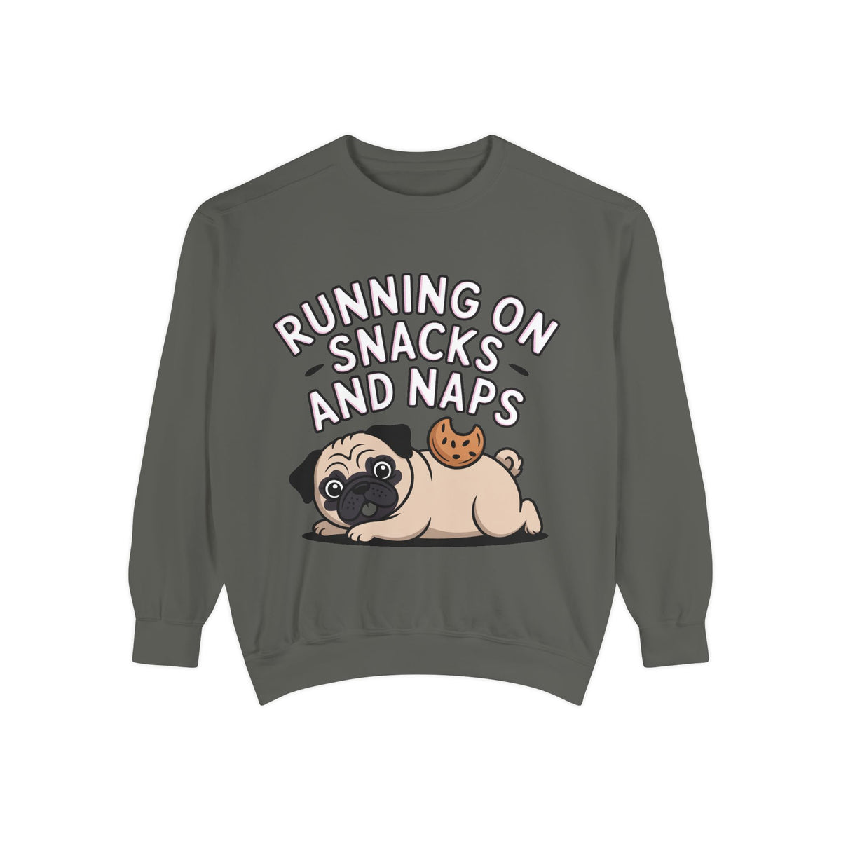 Pug Sweatshirt, Funny Running On Snacks And Naps Crewneck, Cute Pug Lover Gift, Embroidered Patch Style Dog Sweater