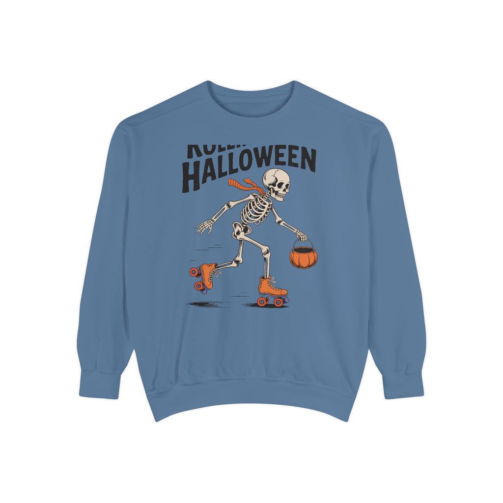Rolling Into Halloween Skeleton Sweatshirt, Retro Roller Skate Skeleton Crewneck, Funny Halloween Gift, Vintage Spooky Season Sweatshirt