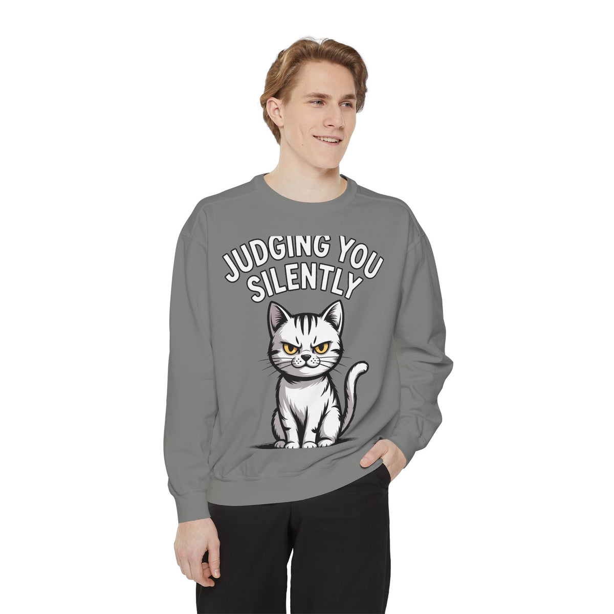 Judging You Silently Cat Sweatshirt, Funny Cat Lover Crewneck, Sarcastic Cat Embroidered Patch Style Sweatshirt, Cute Cat Gift