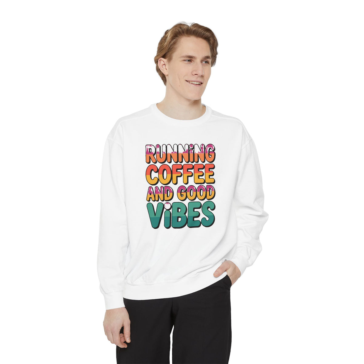 Running On Coffee And Vibes Sweatshirt, Retro Gradient Typography Crewneck, Coffee Lover Gift, Positive Vibes Pullover