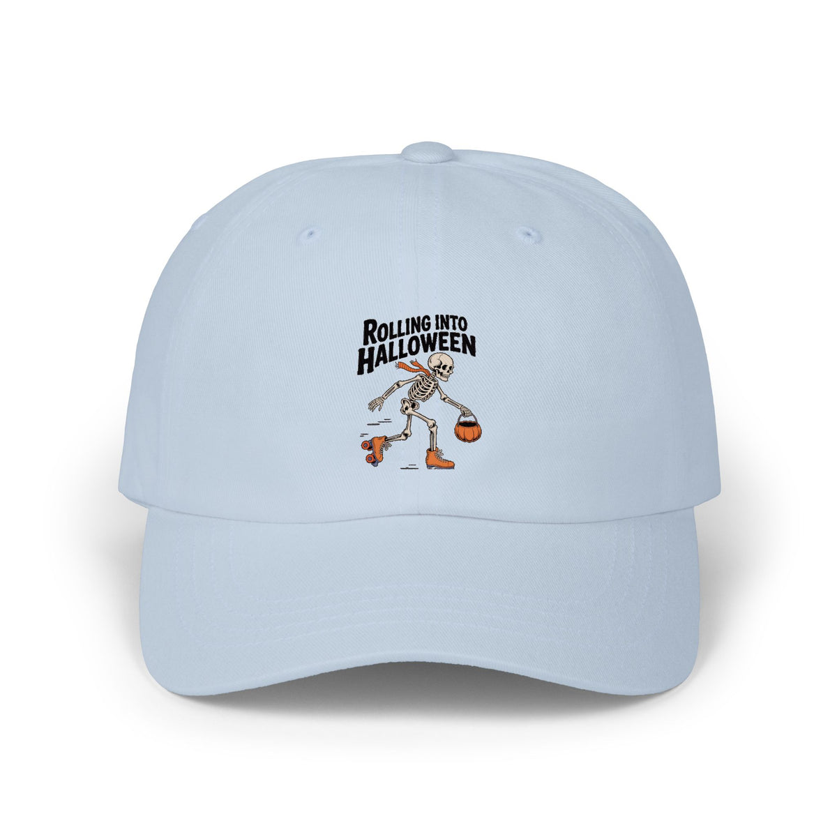 Rolling Into Halloween Skeleton Dad Hat, Retro Roller Skate Skeleton Cap, Funny Halloween Embroidered Hat, Spooky Season Gift