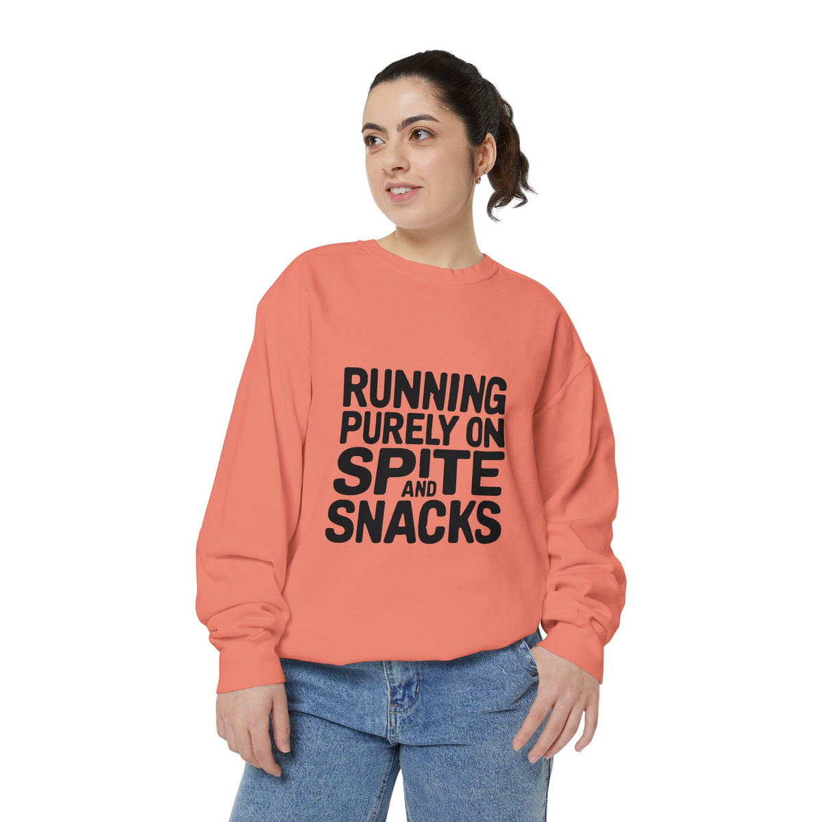 Running On Spite And Snacks Sweatshirt, Funny Sarcastic Crewneck, Embroidered-Look Bold Text Sweatshirt, Sarcastic Gift for Friend