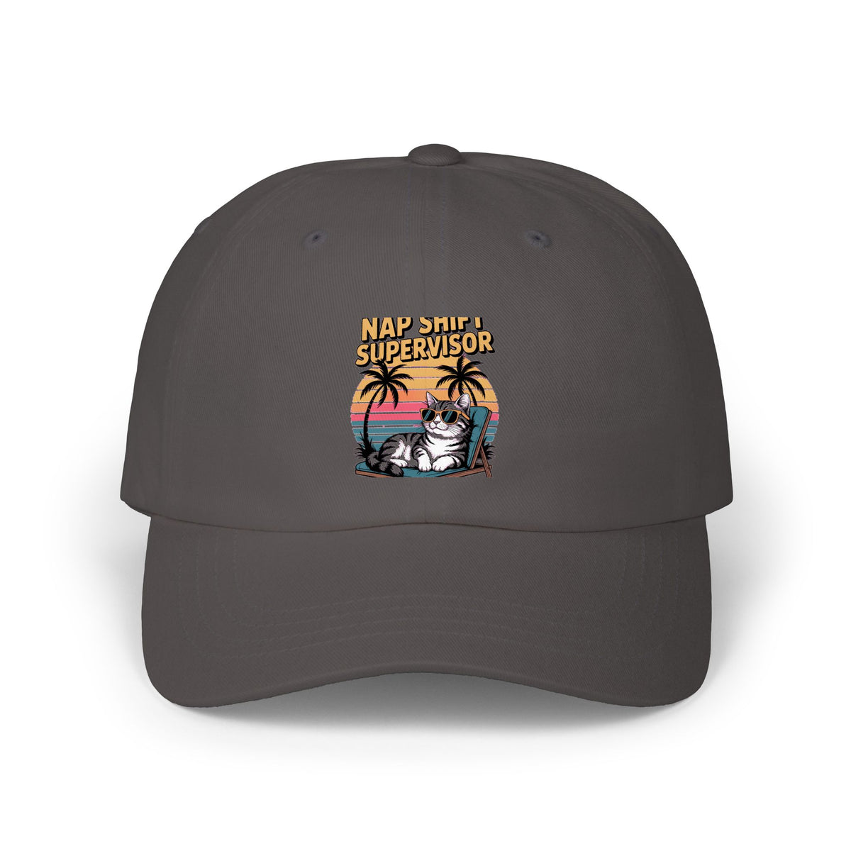 Retro Cat Dad Hat, Funny Cat Sunset Cap, Vintage 90s Style Embroidered Hat, Nap Shift Supervisor Cat Lover Gift
