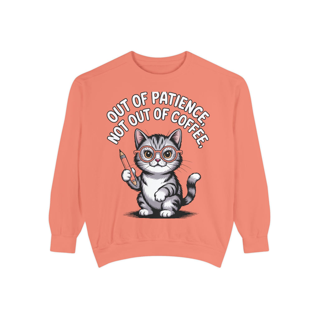 Teacher Cat Sweatshirt, Funny Cat Teacher Crewneck, Out Of Patience Not Out Of Coffee Shirt, Teacher Gift, Cat Lover Sweatshirt