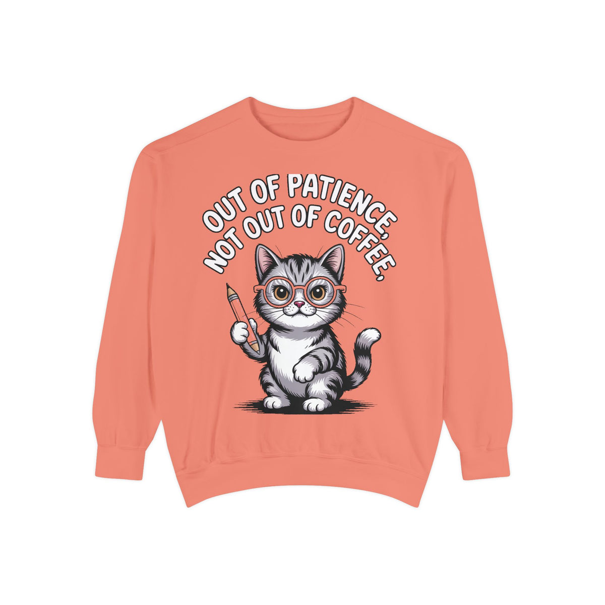 Teacher Cat Sweatshirt, Funny Cat Teacher Crewneck, Out Of Patience Not Out Of Coffee Shirt, Teacher Gift, Cat Lover Sweatshirt