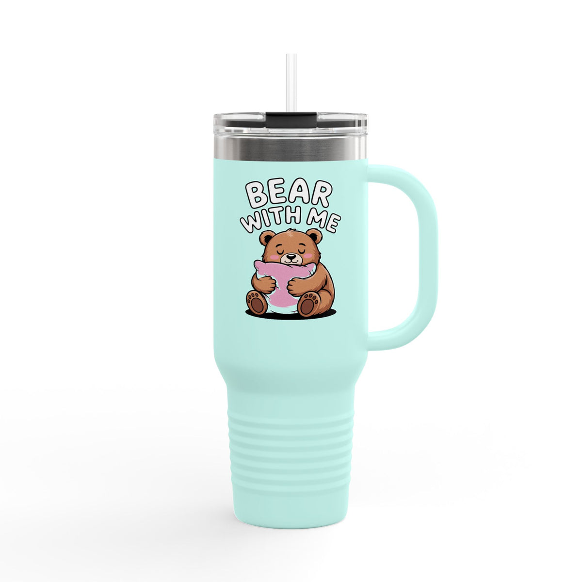 Bear With Me Travel Mug 40oz, Cute Bear Tumbler, Funny Sleepy Bear Insulated Cup With Handle And Straw, Bear Lover Gift