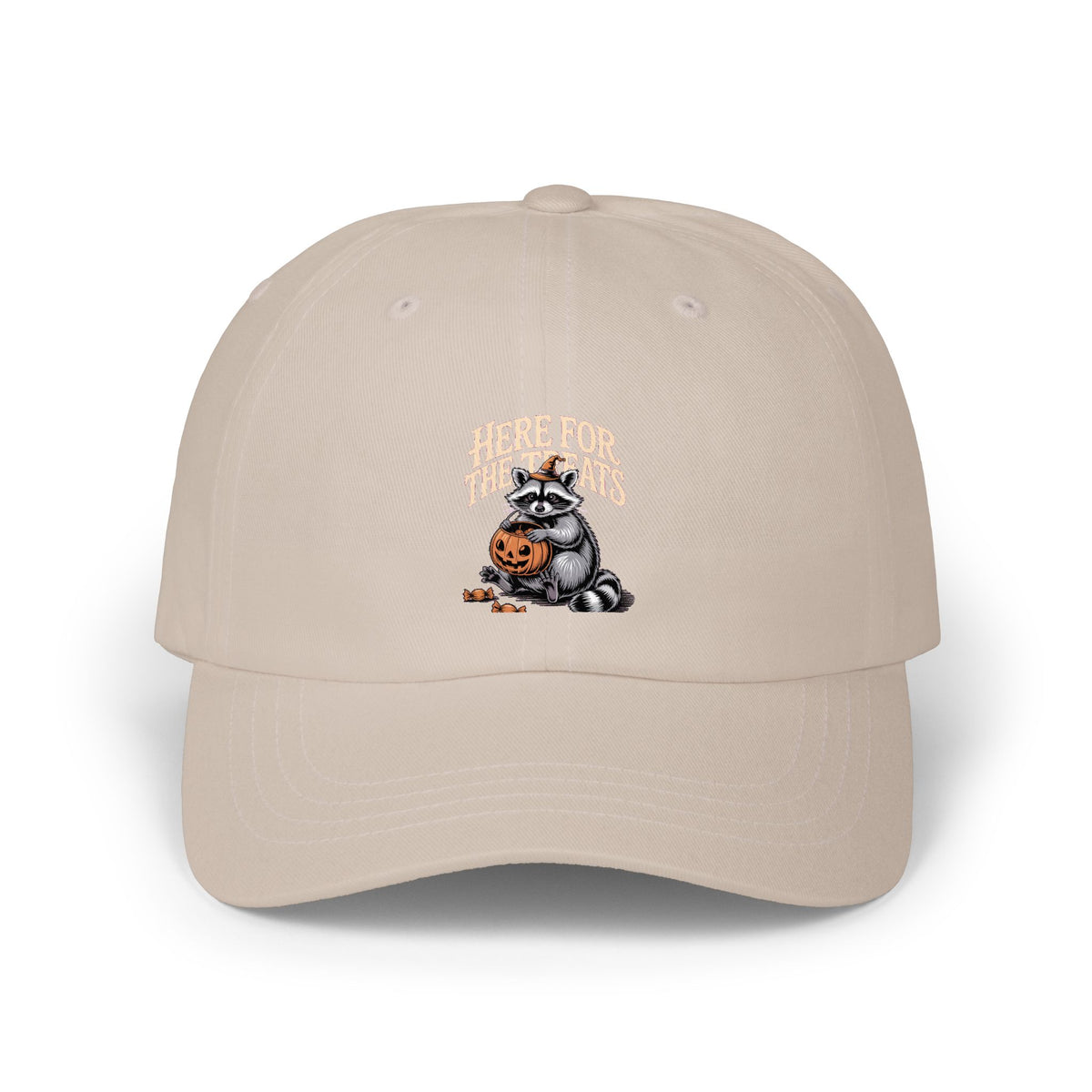 Here For The Treats Raccoon Dad Hat, Funny Halloween Cap, Vintage Raccoon Embroidered Dad Cap, Spooky Season Trick or Treat Gift