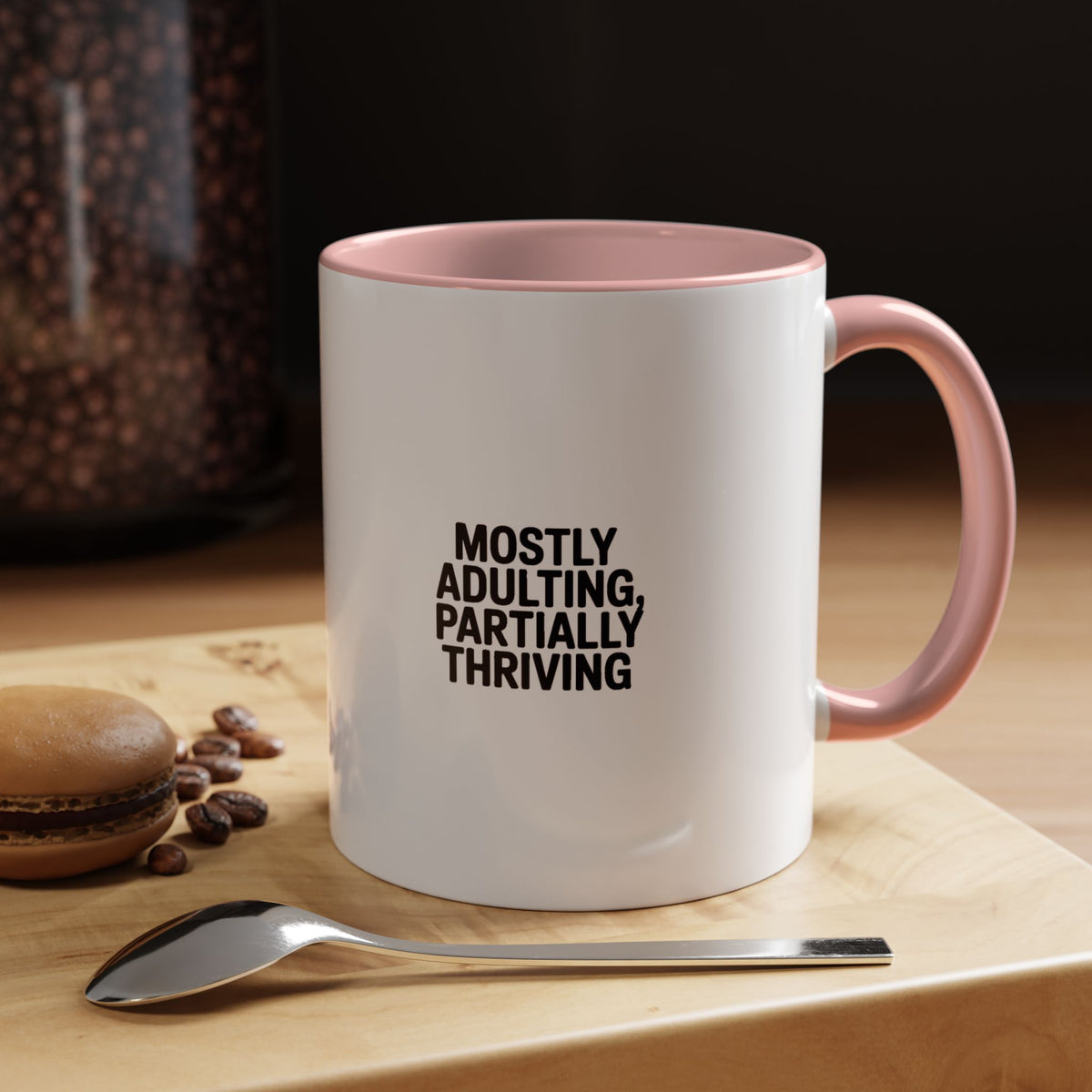 Mostly Adulting Partially Thriving Mug, Funny Sarcastic Coffee Mug, Adulting Gift, Minimalist Typography Mug for Coworker or Friend