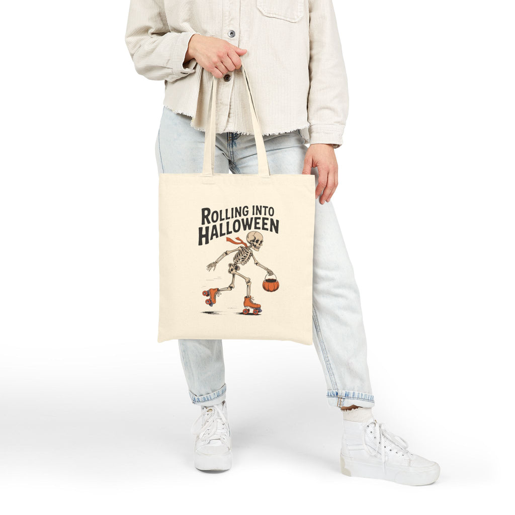 Rolling Into Halloween Skeleton Tote Bag, Retro Skeleton Roller Skating Canvas Bag, Funny Halloween Gift Bag