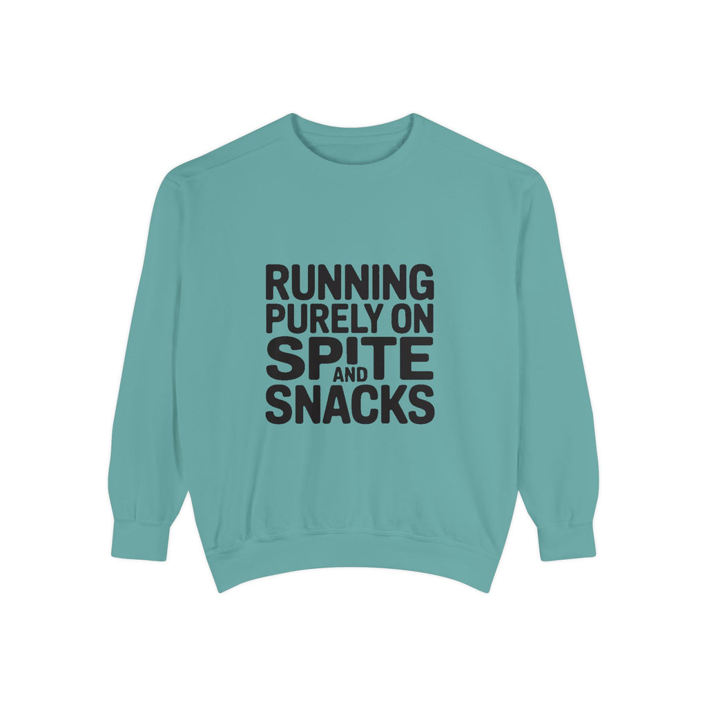 Running On Spite And Snacks Sweatshirt, Funny Sarcastic Crewneck, Embroidered-Look Bold Text Sweatshirt, Sarcastic Gift for Friend