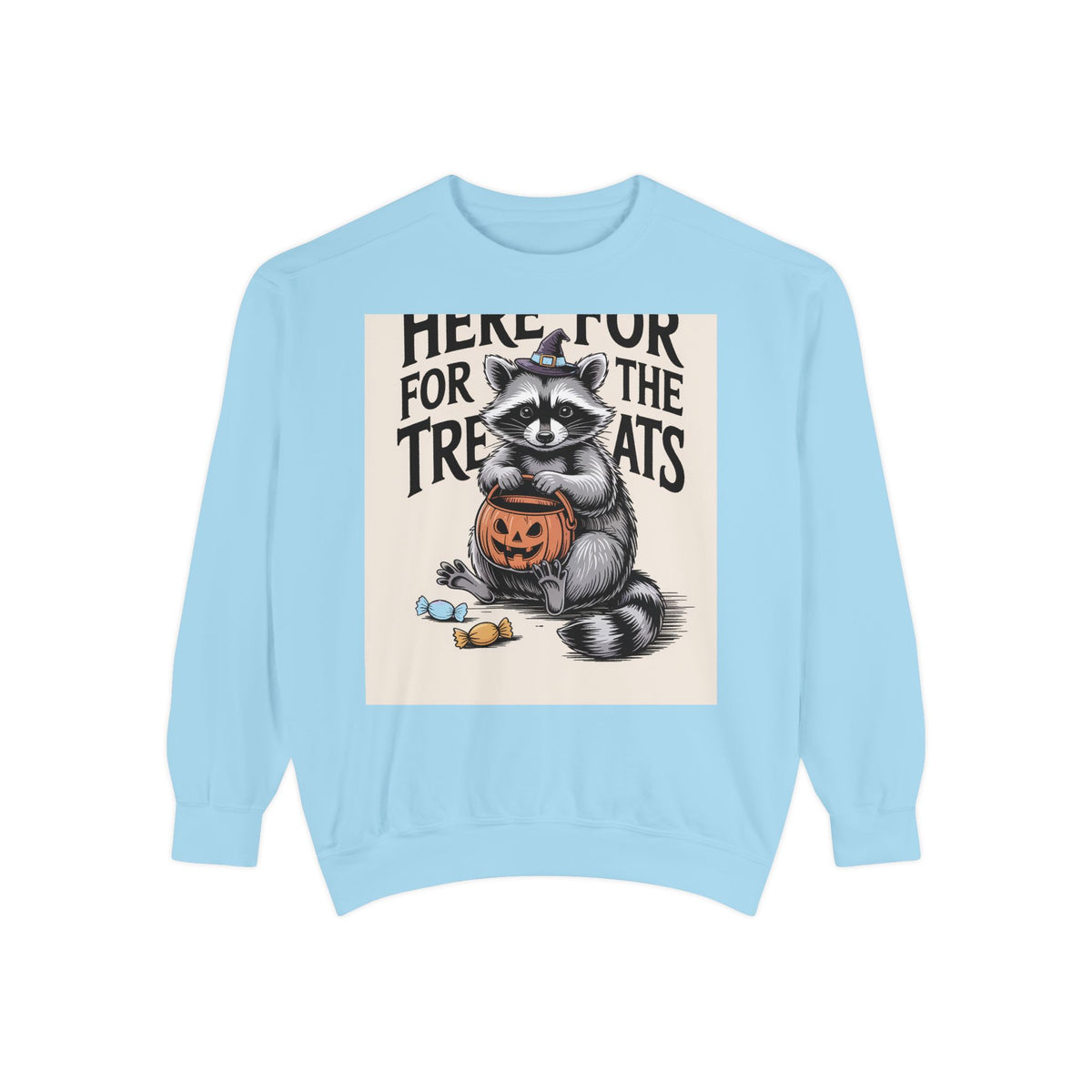 Here For The Treats Raccoon Sweatshirt, Funny Halloween Crewneck, Vintage Witch Raccoon Candy Sweatshirt, Spooky Season Gift
