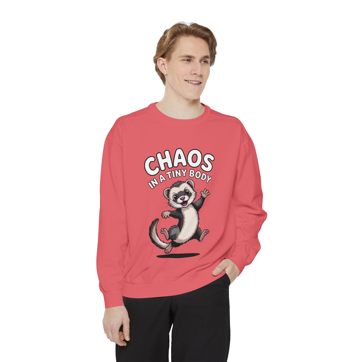 Funny Ferret Sweatshirt, Chaos In A Tiny Body Crewneck, Cute Ferret Lover Gift, Embroidered Style Ferret Sweatshirt For Pet Owners