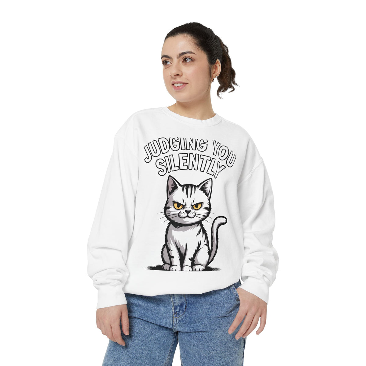 Judging You Silently Cat Sweatshirt, Funny Cat Lover Crewneck, Sarcastic Cat Embroidered Patch Style Sweatshirt, Cute Cat Gift