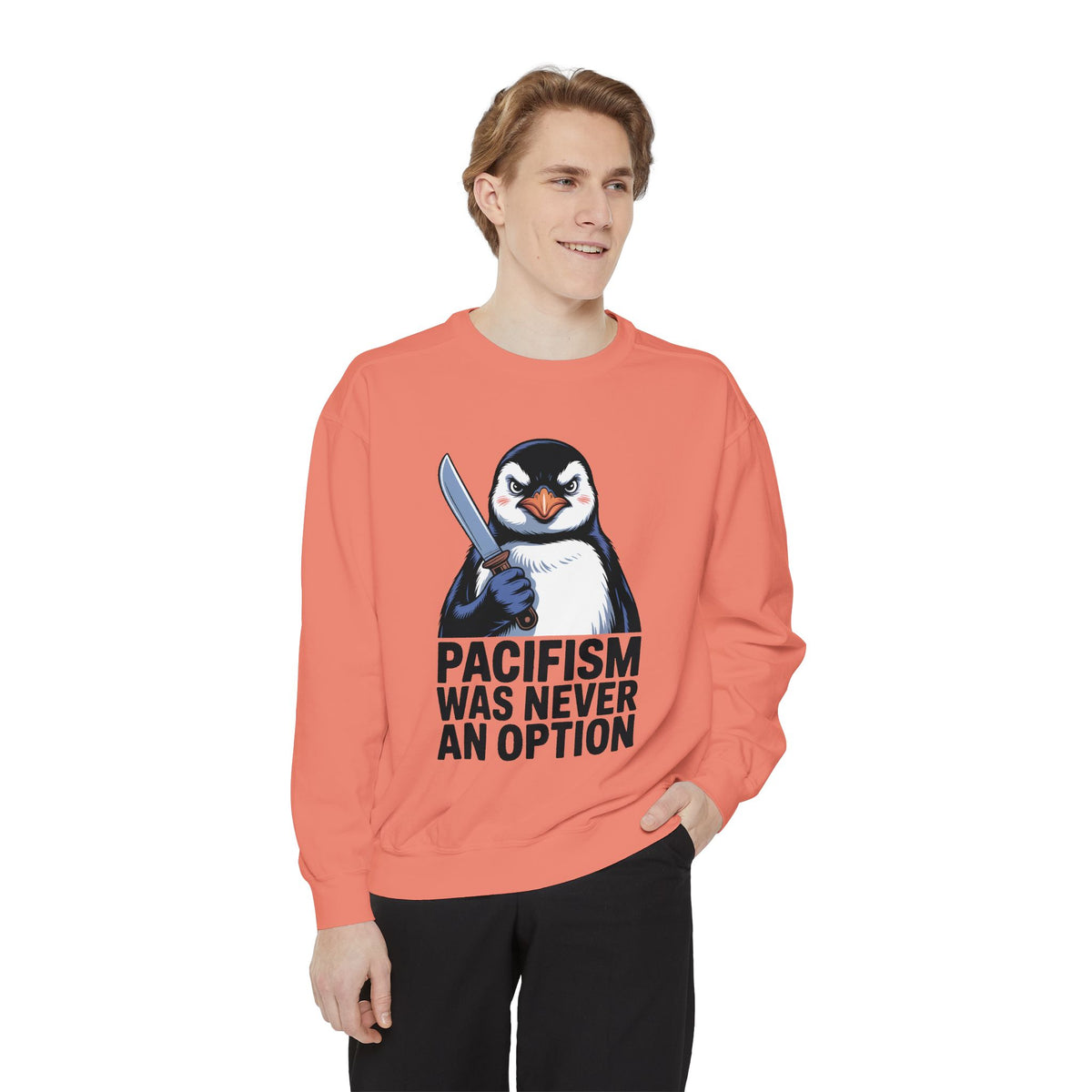 Pacifism Was Never An Option Penguin Sweatshirt, Funny Butter Knife Penguin Crewneck, Vintage Poster Style Graphic Sweatshirt Gift