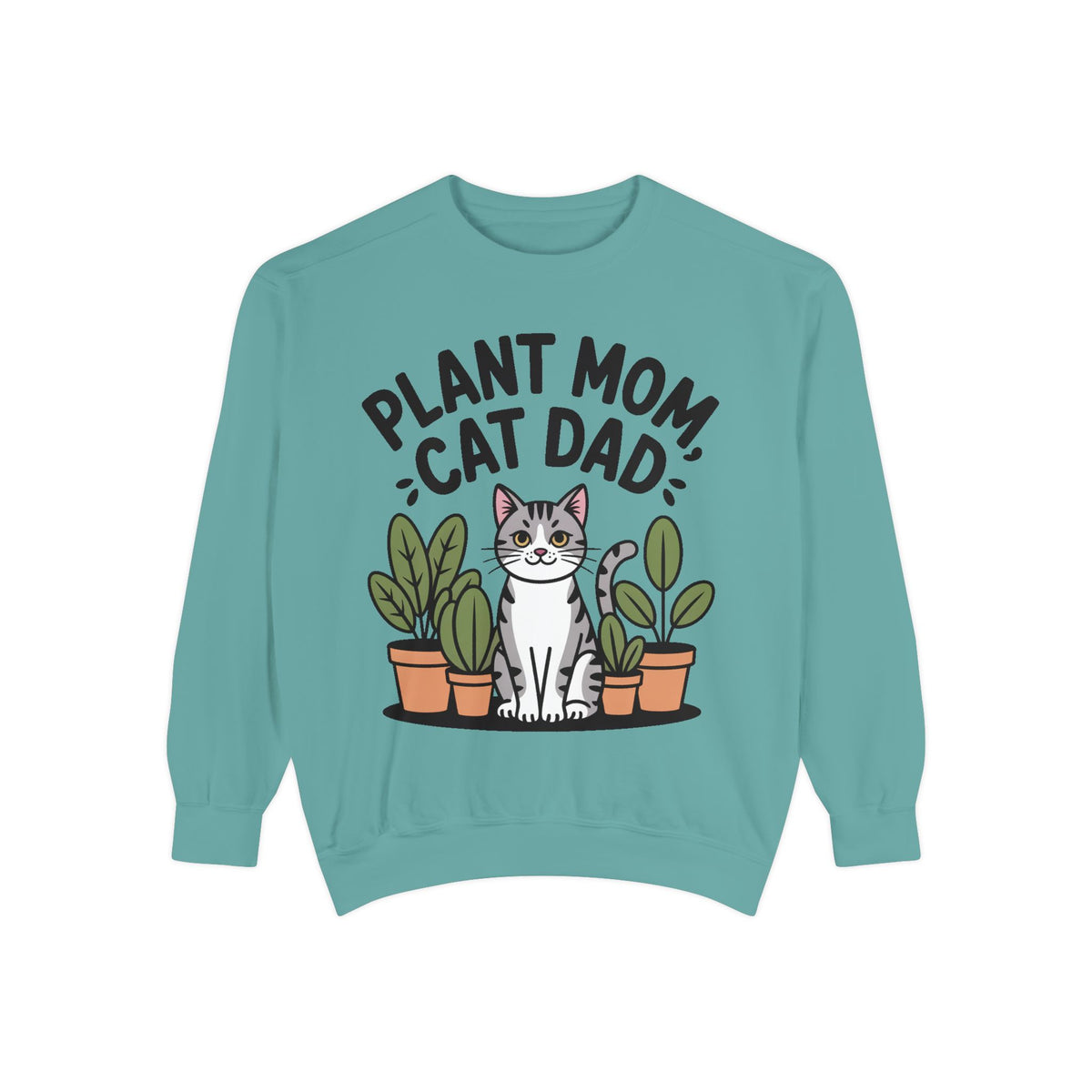 Plant Mom Cat Dad Sweatshirt, Funny Cat Lover Crewneck, Cute Plant Lady Gift, Embroidered Patch Style Sweatshirt for Cat Owners