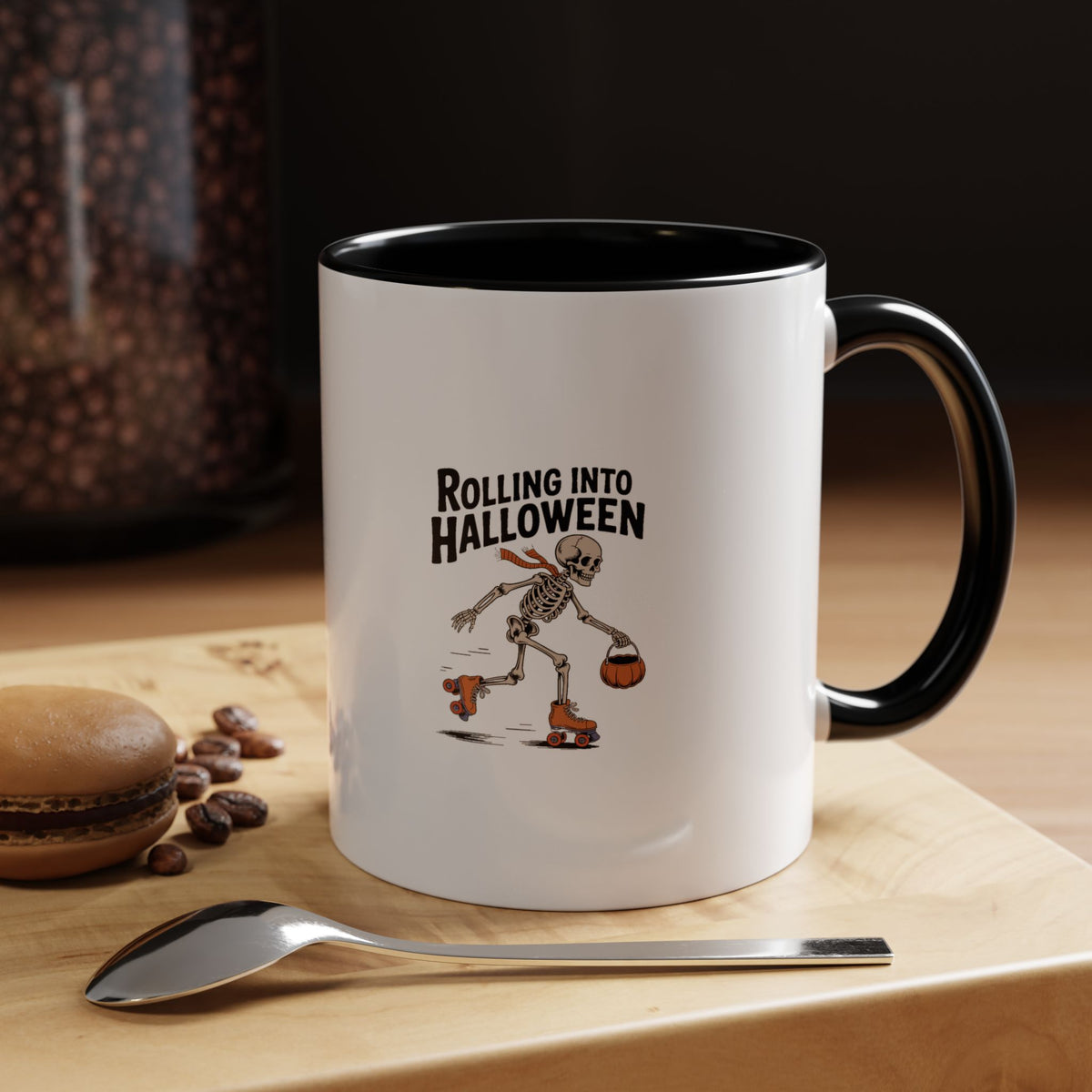Rolling Into Halloween Skeleton Mug, Retro Roller Skating Skeleton Coffee Cup, Funny Halloween Gift, Spooky Season Accent Mug
