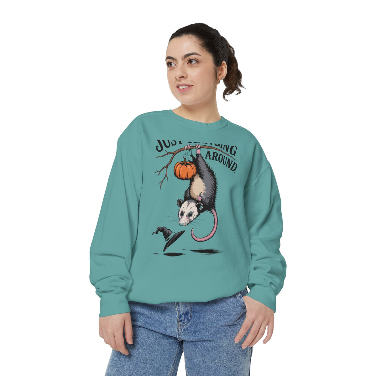 Just Hanging Around Opossum Sweatshirt, Vintage Halloween Crewneck, Funny Opossum Jack-o'-Lantern Shirt, Spooky Season Gift