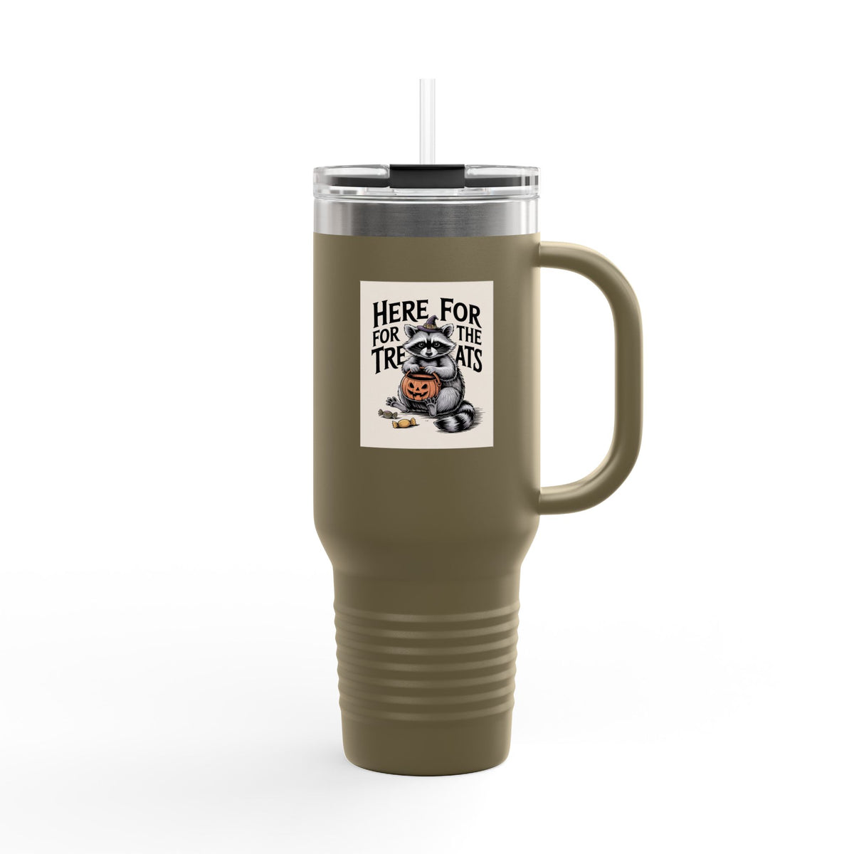Here For The Treats Raccoon Travel Mug, Funny Halloween Tumbler, Spooky Season 40oz Tumbler with Handle, Trick or Treat Gift
