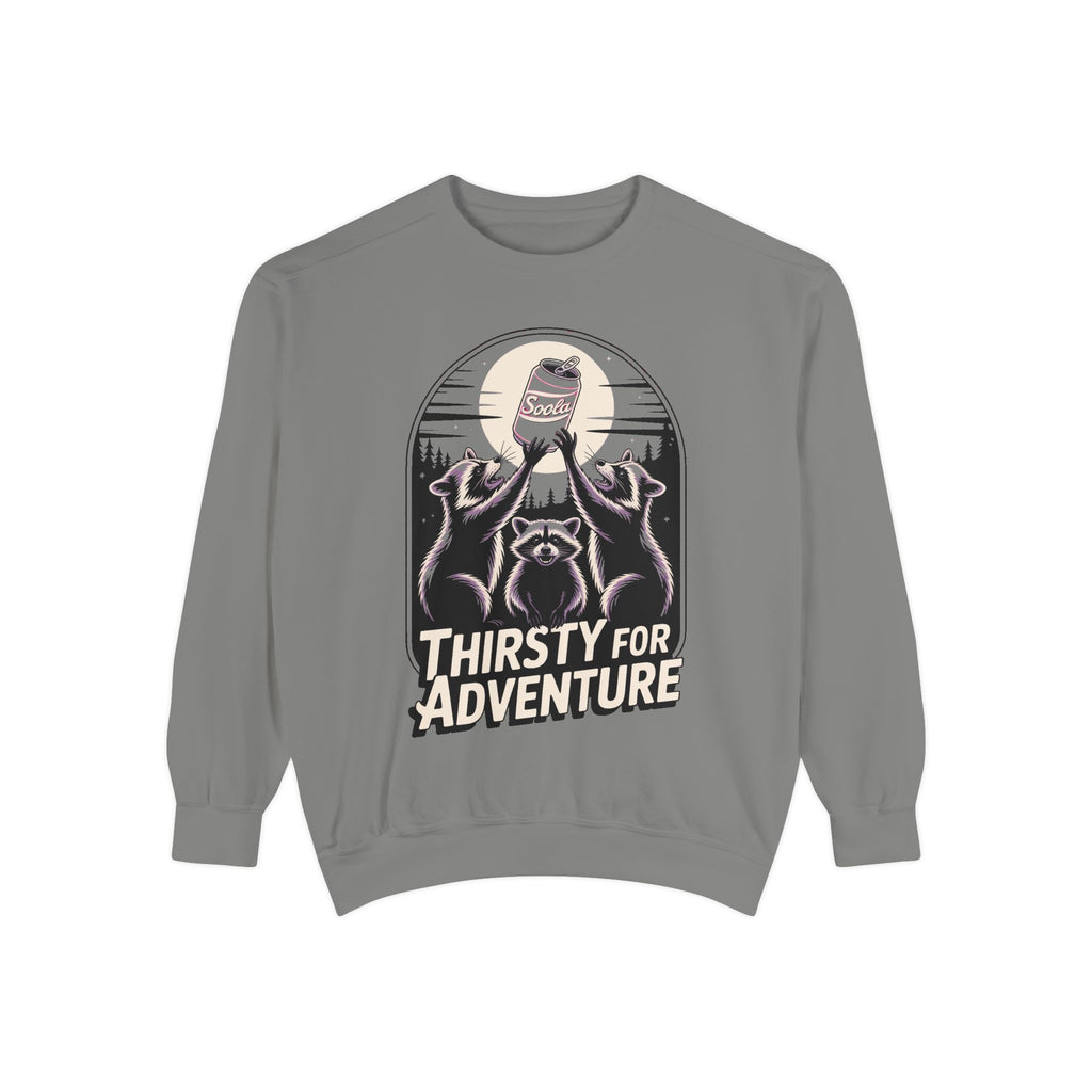 Thirsty For Adventure Raccoons Sweatshirt, Funny Vintage Poster Crewneck, Retro Raccoon Graphic Sweatshirt Gift